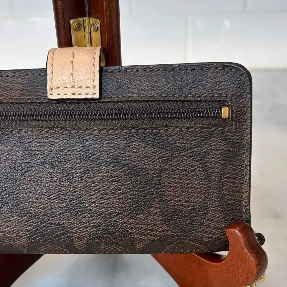 Coach Wallet Signature Logo Coated Canvas Slim Brown Tan Black Designer